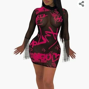 Bodycon mesh fringed tassel dress size L